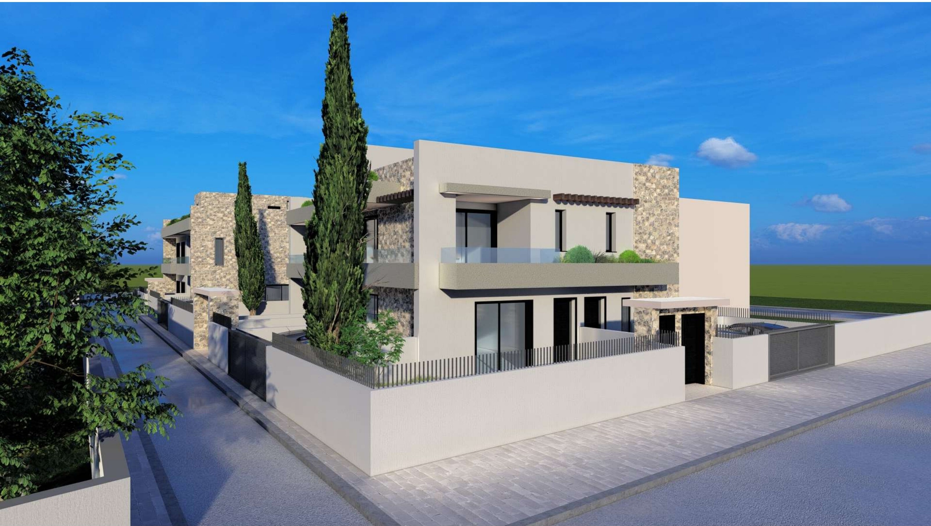 Building 1 — two villas with stone facade