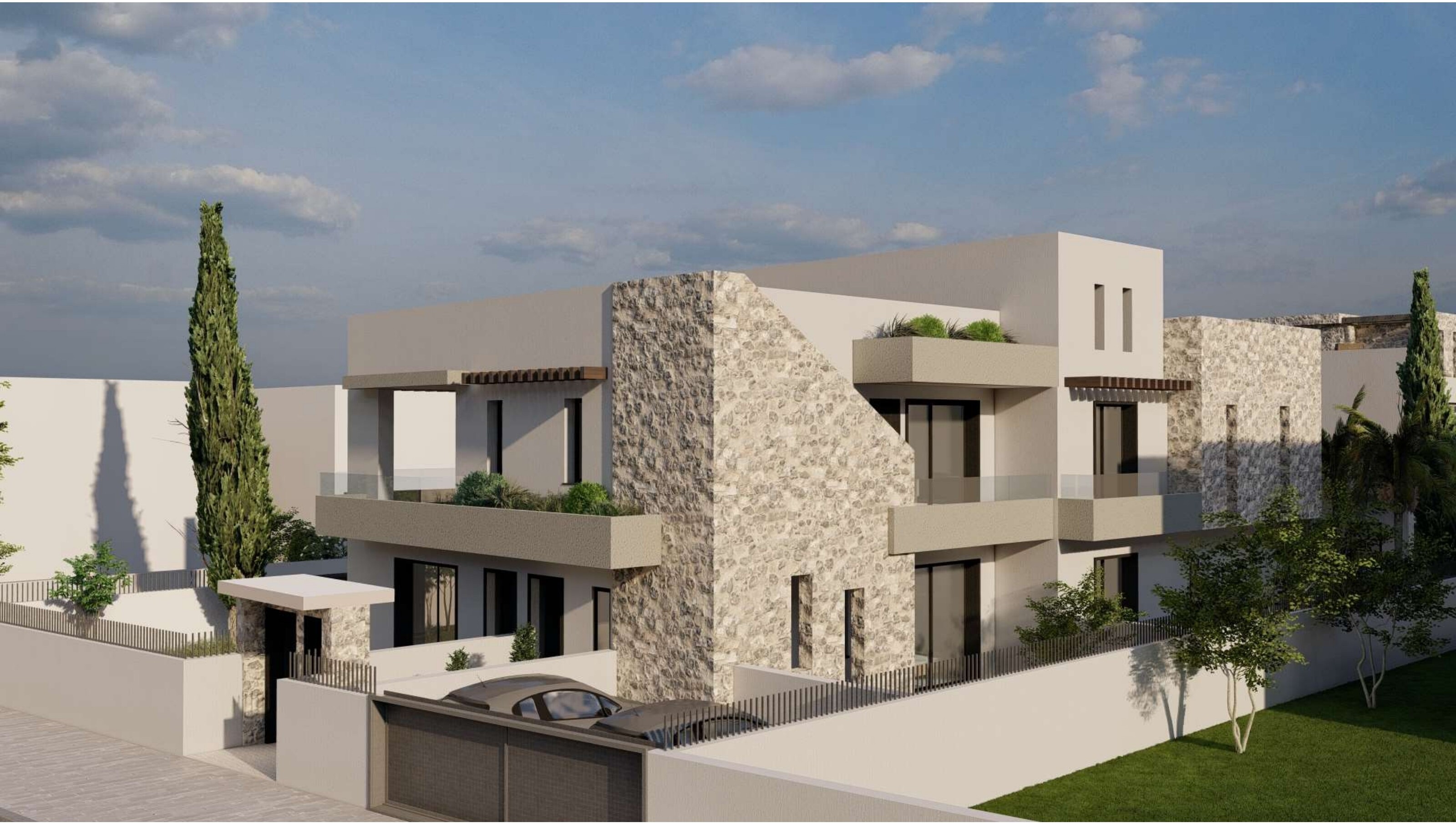 Building 1 — front facade in stone and white