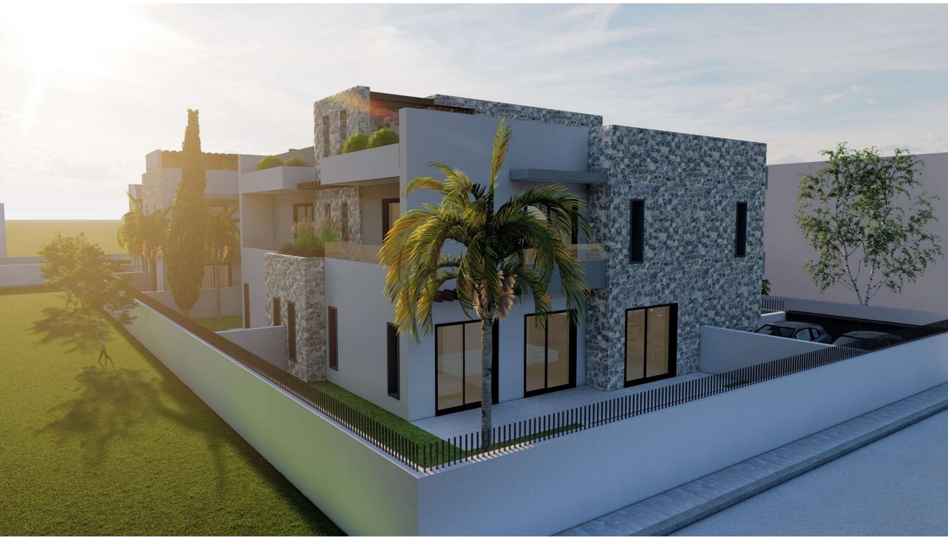 Building 2 — surrounding wall and palm trees